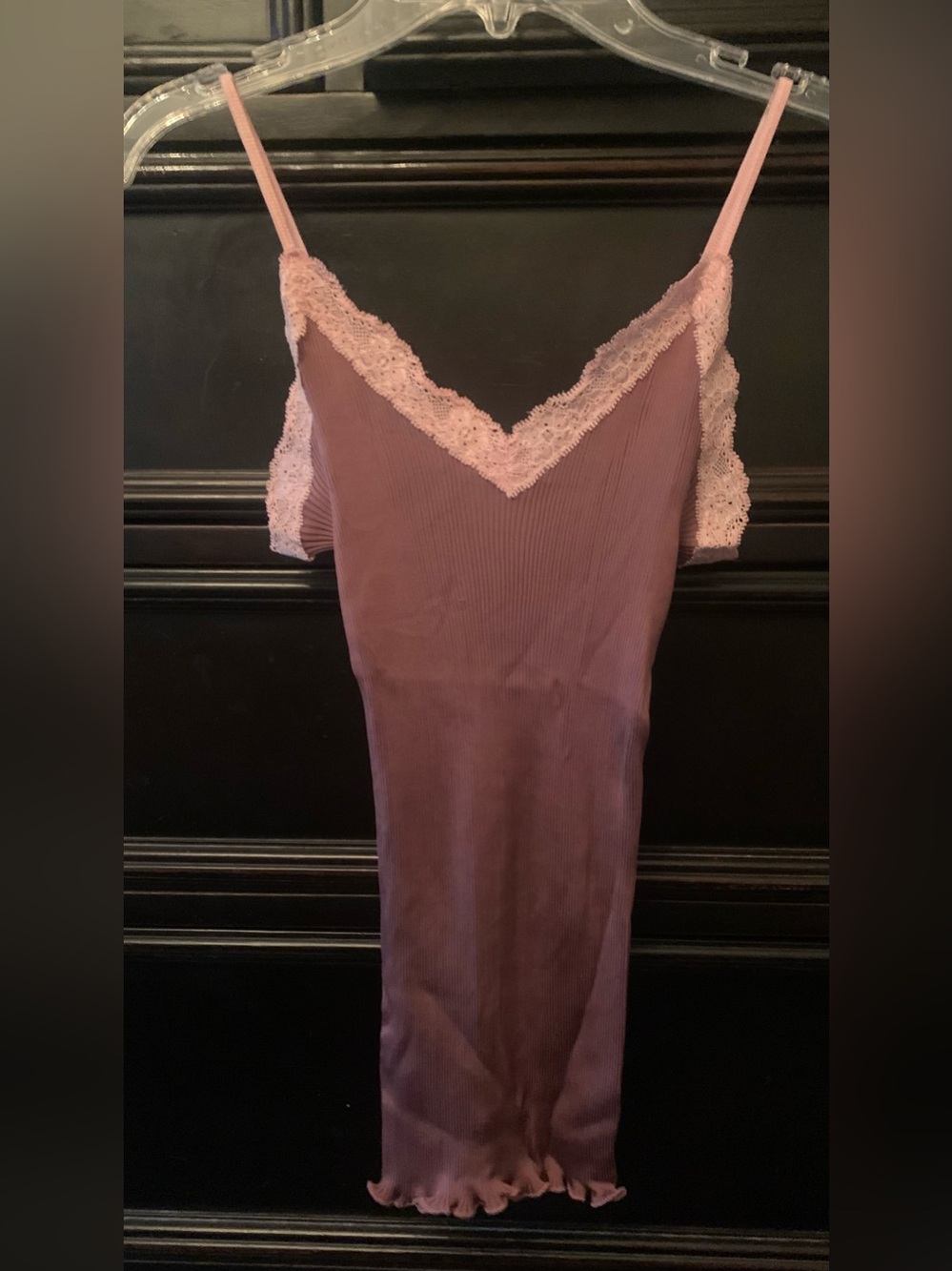 Lace-Trim Silk Knit Ribbed Camisole in Mauve Pink